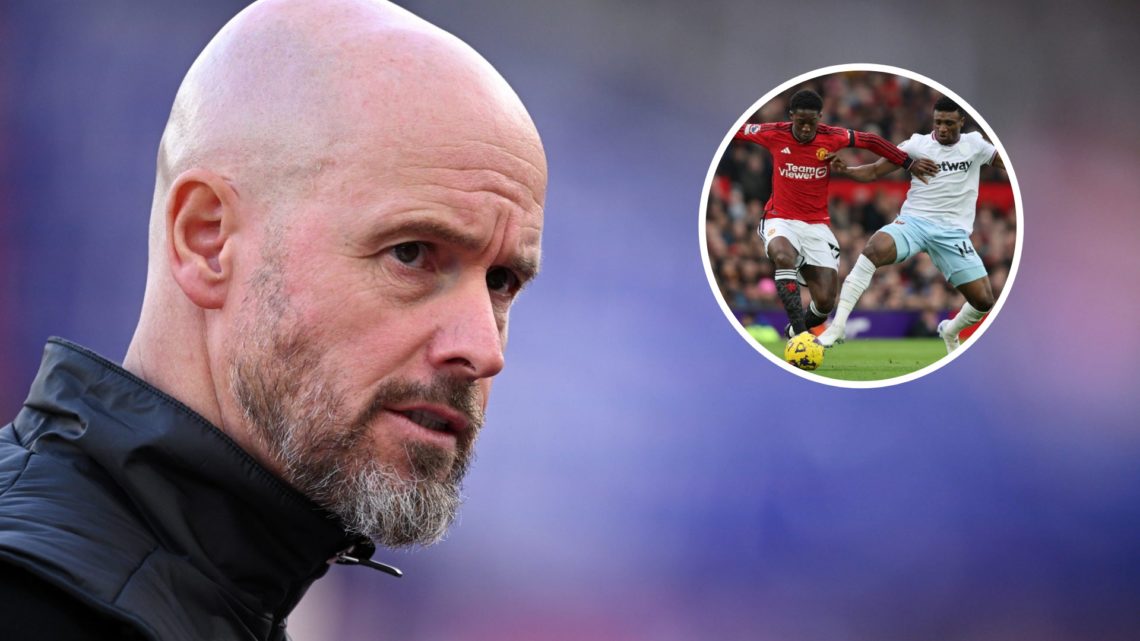 Former Manchester United manager Erik ten Hag, inset of Kobbie Mainoo and Mohammed Kudus duelling.