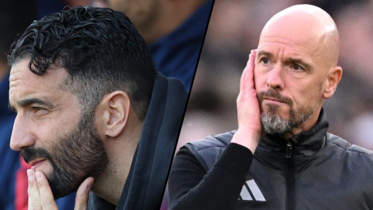 Manchester United manager Ruben Amorim during the Premier League match vs Bournemouth, inset a photo of Erik ten Hag.zz
