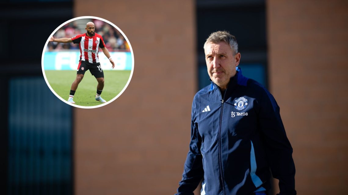 Jason Wilcox, Manchester United technical director walking, Bryan Mbeumo pointing while playing for Brentford