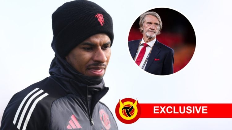 Manchester United forward Marcus Rashford in training, split image of co-owner Sir Jim Ratcliffe.