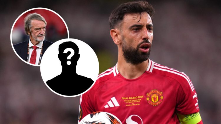 Manchester United captain Bruno Fernandes, inset of co-owner Sir Jim Ratcliffe and a mystery player.