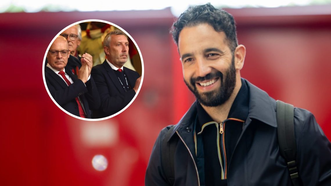 Manchester United head coach Ruben Amorim arrives at Old Trafford, inset of Ineos chiefs Sir Dave Brailsford and Jason Wilcox.