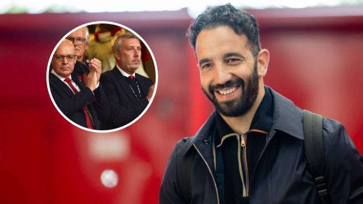 Manchester United head coach Ruben Amorim arrives at Old Trafford, inset of Ineos chiefs Sir Dave Brailsford and Jason Wilcox.