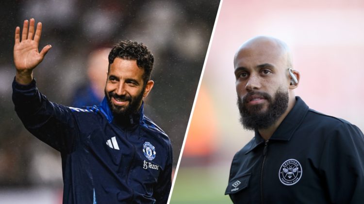 Split image. Ruben Amorim waves to Manchester United supporters in Hong Kong and Bryan Mbeumo with earphones in pre-game.