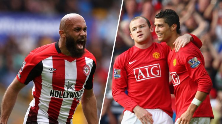 Split image. Bryan Mbeumo shouting while celebrating for Brentford and Cristiano Ronaldo and Wayne Rooney embrace after Manchester United goal.