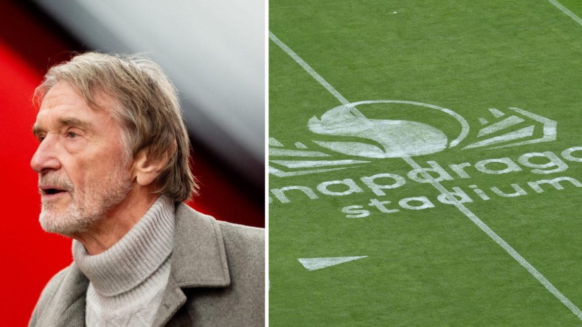 Split image. Sir Jim Ratcliffe arrives at Old Trafford wearing turtle neck and Snapdragon logo sprayed onto pitch.