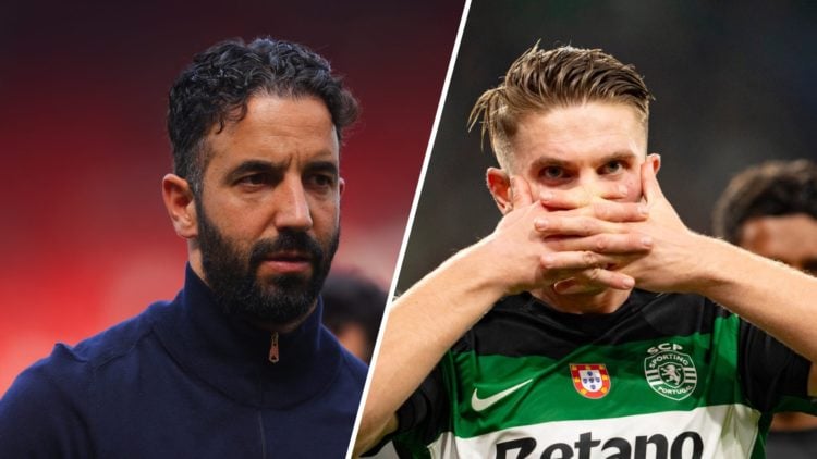 Split image. Ruben Amorim close up image looking concerned after Manchester United game and Viktor Gyokeres does his famous celebration for Sportin...