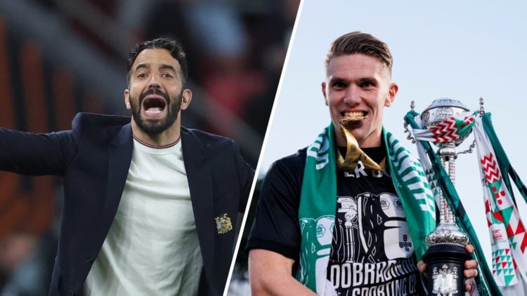 Split image. Ruben Amorim shouts instructions at Manchester United team from sideline and Viktor Gyokeres holds Portuguese Cup while biting medal.