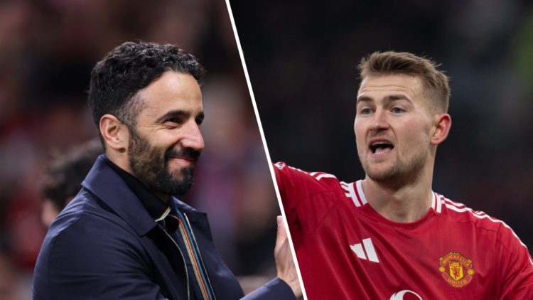 Split image. Ruben Amorim smiles as he applauds Manchester United fans and Matthijs de Ligt with arm raised as he shouts.