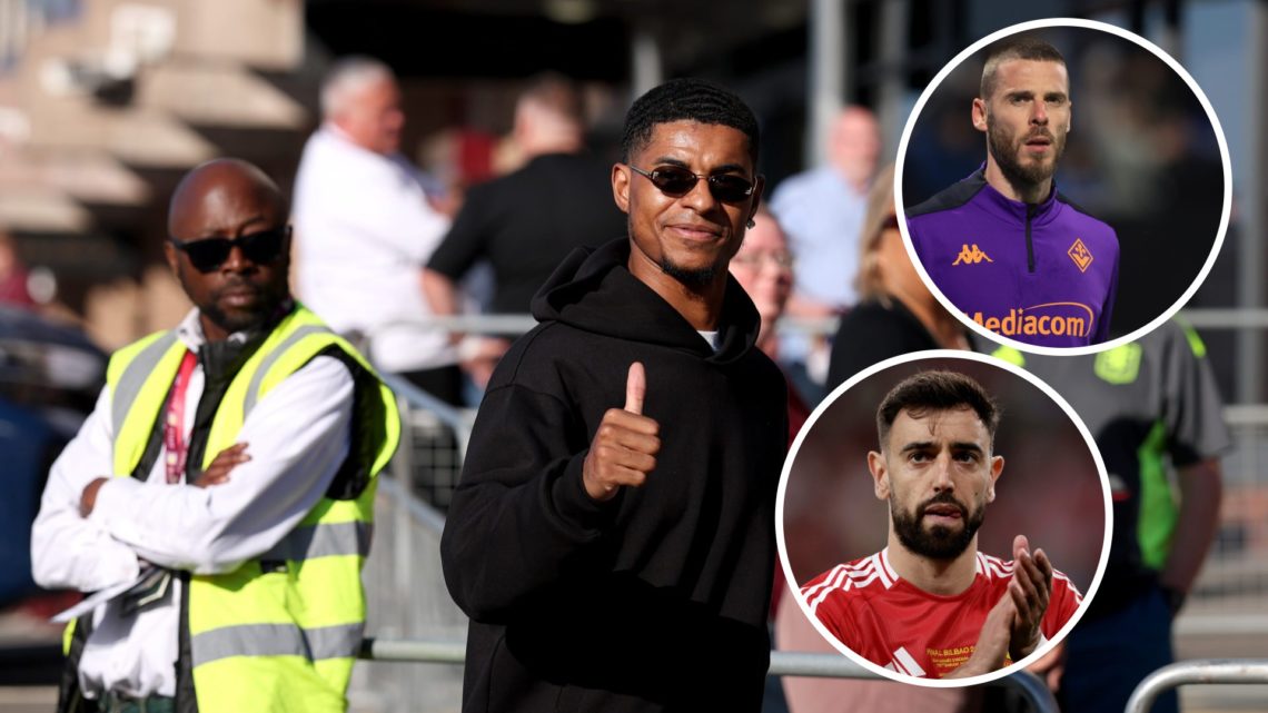 Marcus Rashford split image with Bruno Fernandes and David de Gea