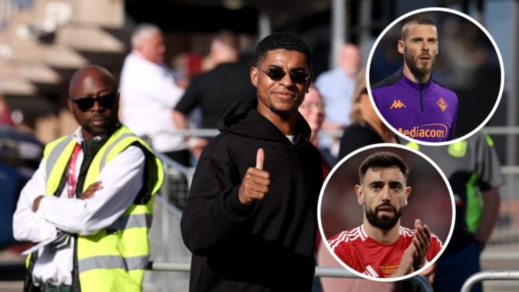Marcus Rashford split image with Bruno Fernandes and David de Gea