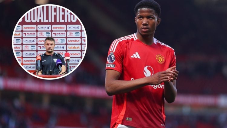 Manchester United striker Chido Obi at Old Trafford, inset of Hong Kong manager Ashley Westwood.