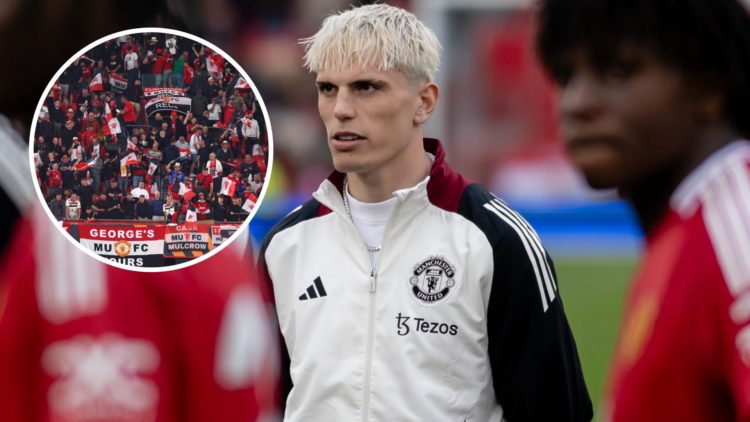 Manchester United winger Alejandro Garnacho at Old Trafford, inset of Manchester United fans.