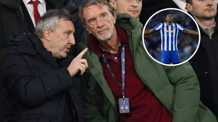 Manchester United chiefs Jason Wilcox and Sir Jim Ratcliffe, inset of Porto striker Samu Oghehowa