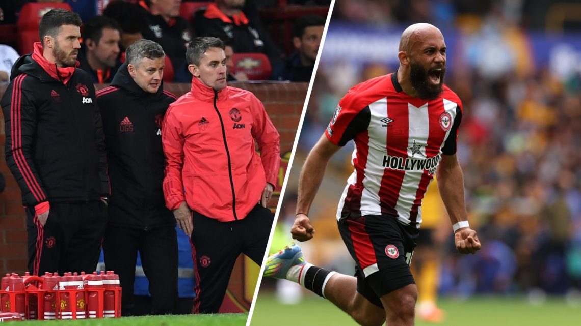 Former Manchester United manager Ole Gunnar Solskjaer and coaches Michael Carrick and Kieran McKenna, split image with Brentford's Bryan Mbeumo.