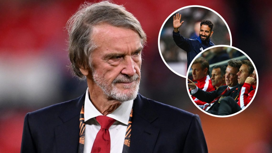 Manchester United co-owner Sir Jim Ratcliffe, inset of Ruben Amorim and former manager Louis van Gaal