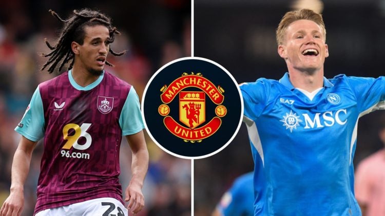 Hannibal of Burnley (left), Scott McTominay of Napoli (right) and a Manchester United badge