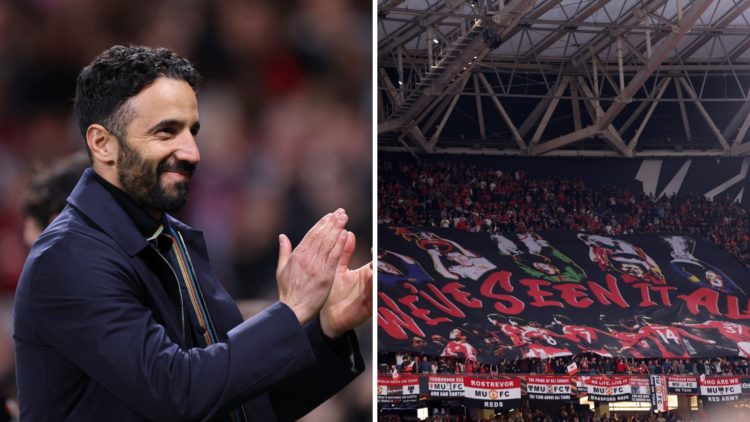 Split image of Manchester United head coach Ruben Amorim and Manchester United fans.