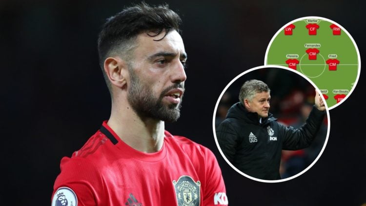 Bruno Fernandes main, insets Ole Gunnar Solskjaer and lineup graphic