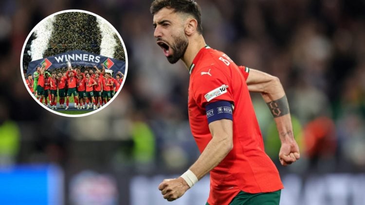 Manchester United captain Bruno Fernandes in action for Portugal in the Nations League final, inset of Portugal squad celebrating Nations League vi...