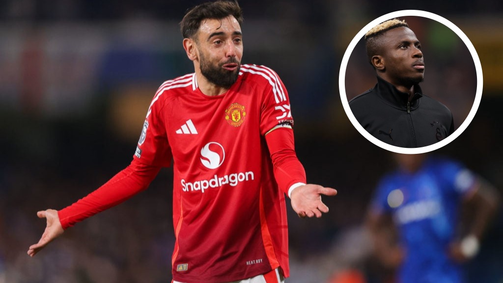 Bruno Fernandes shrugs shoulders playing for Man Utd, Victor Osimhen looks on before Galatasaray game