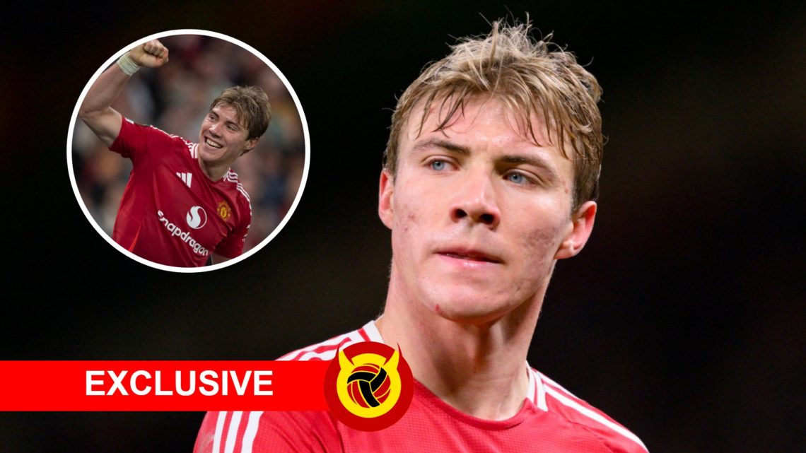 Manchester United striker Rasmus Hojlund in action in the Europa League, including exclusive banner and inset of Hojlund.