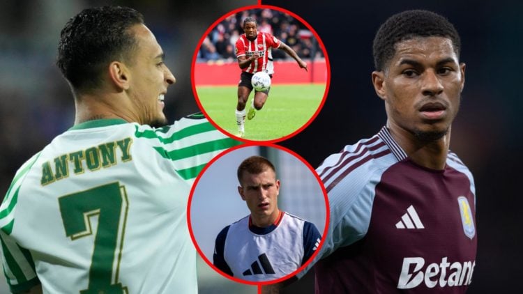 Antony smiles and Marcus Rashford split image. Tyrell Malacia and Rhys Bennett inset