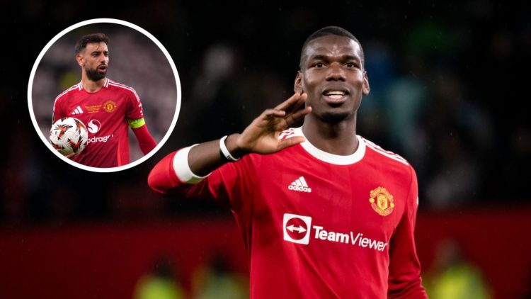 Former Manchester United midfielder Paul Pogba facing Brighton, inset of Manchester United captain Bruno Fernandes.