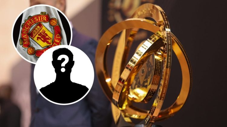 Fifa Club World Cup trophy on tour, inset of Manchester United's badge on a corner flag and mystery player.