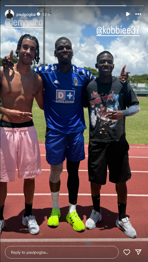 Paul Pogba's Instagram post including Manchester United duo Leny Yoro and Kobbie Mainoo.