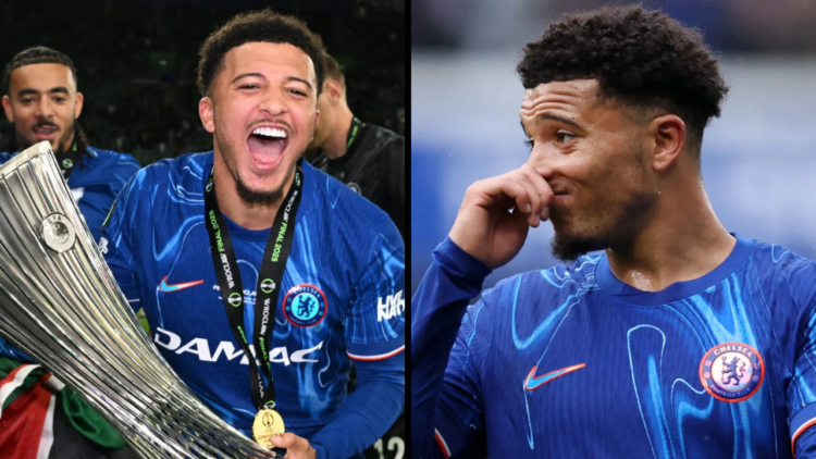 Jadon Sancho of Chelsea celebrates with the UEFA Conference League trophy after his team's victory in the UEFA Conference League Final 2025 between...