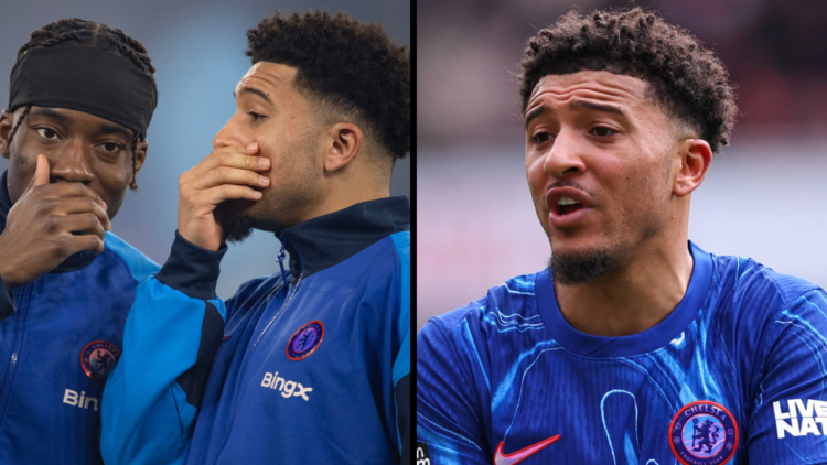 Jadon Sancho of Chelsea during the Premier League match between Arsenal FC and Chelsea FC at Emirates Stadium. Insert: Noni Madueke of Chelsea inte...
