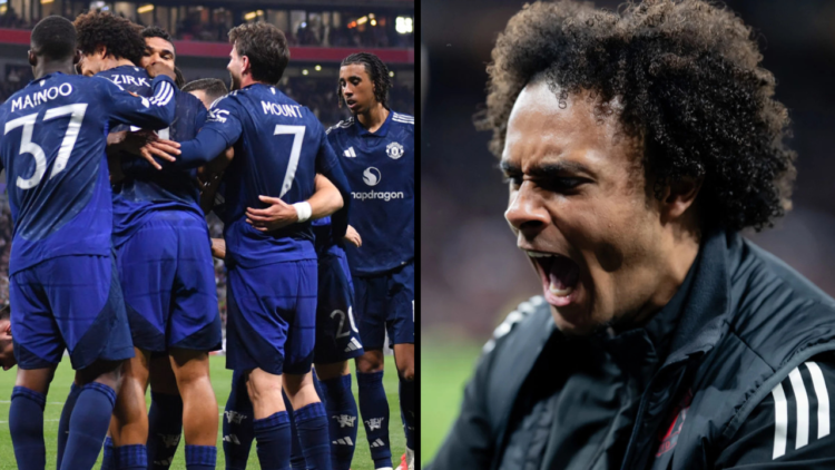 Joshua Zirkzee of Manchester United celebrates scoring his team's second goal with teammates during the UEFA Europa League 2024/25 Quarter Final Fi...
