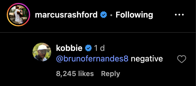 Kobbie Mainoo’s response to Manchester United captain Bruno Fernandes about Aston Villa forward Marcus Rashford. Credit: Instagram