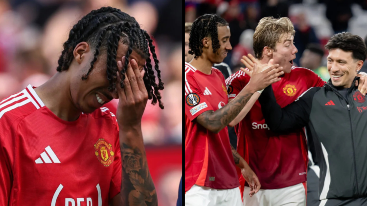 Rasmus Hojlund of Manchester United reacts with Leny Yoro & Lisandro Martinez of Manchester United at the end of the UEFA Europa League 2024/25...