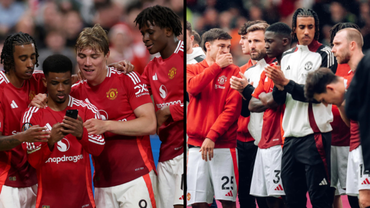 Rasmus Hojlund of Manchester United celebrates scoring his team's third goal with teammates Leny Yoro, Amad Diallo and Patrick Chinazaekpere Dorgu ...