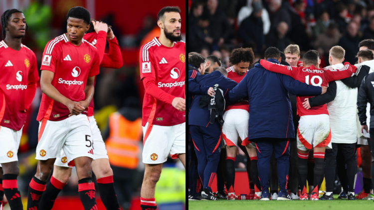 Players of Manchester United have a team huddle ahead of penalties during the Emirates FA Cup Fifth Round match between Manchester United and Fulha...