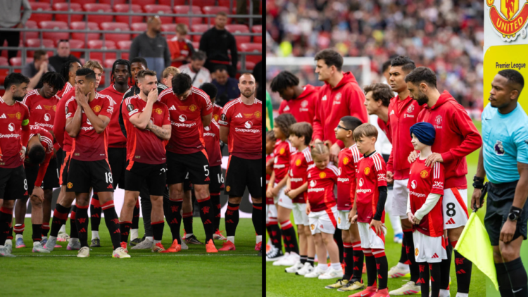 Manchester United players react to being defeated after the UEFA Europa League final football match between Tottenham Hotspur and Manchester United...