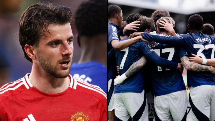 Mason Mount of Manchester United celebrates scoring their first goal during the Premier League match between Brentford FC and Manchester United FC ...
