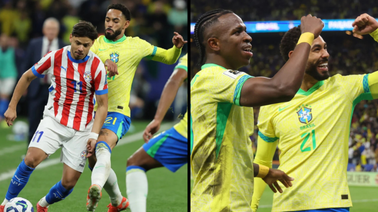 Angel Romero of Paraguay is put under pressure by Matheus Cunha of Brazil during the FIFA World Cup 2026 South American Qualifier between Brazil an...
