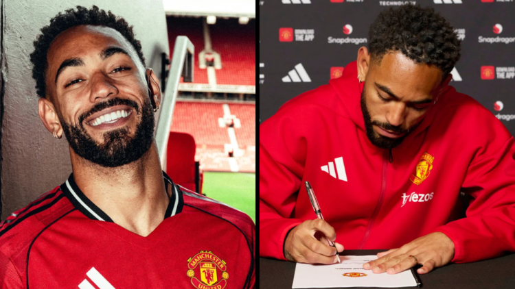 Matheus Cunha of Manchester United poses for a photo after signing his contract with the club at Old Trafford. Insert: Matheus Cunha of Manchester ...