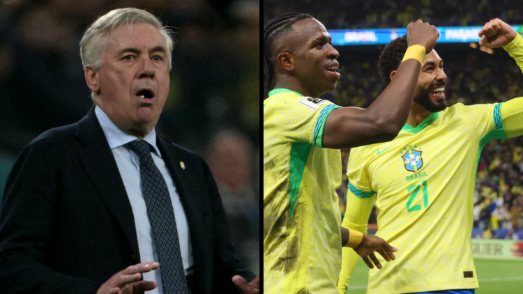 Brazil's Italian head coach Carlo Ancelotti gestures during the 2026 FIFA World Cup South American qualifiers football match between Brazil and Par...