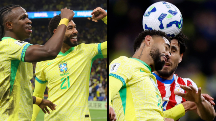 Brazil's forward #21 Matheus Cunha and Paraguay's defender #06 Junior Alonso fight for the ball during the 2026 FIFA World Cup South American quali...