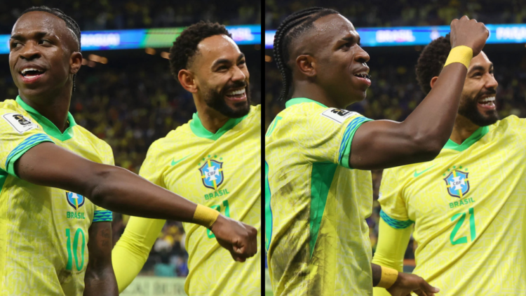 Vinicius Junior and Matheus Cunha of Brazil celebrate after scoring the team's first goal during the FIFA World Cup 2026 South American Qualifier b...