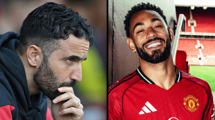 Matheus Cunha of Manchester United poses for a photo after signing his contract with the club at Old Trafford. Insert: Ruben Amorim, Manager of Man...
