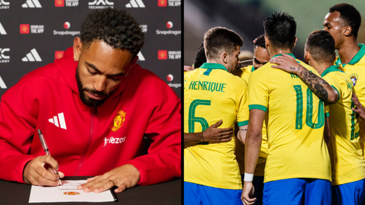Matheus Cunha of Brazil (H) celebrating his goal with his teammates during the match between Egypt U23 and Brazil U23 at Cairo International Stadiu...
