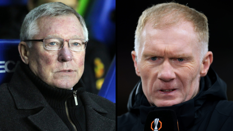 Sir Alex Ferguson the head coach / manager of Manchester United. Insert: Paul Scholes, former Manchester United player and TV Pundit for TNT Sports...