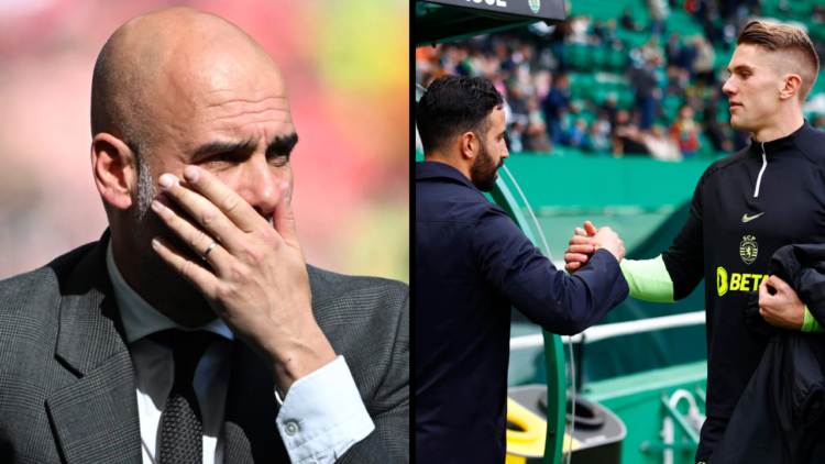 Ruben Amorim of Sporting CP, Viktor Gyokeres of Sporting CP gestures during the UEFA Europa League 2023/24 round of 16 first leg match between Spor...