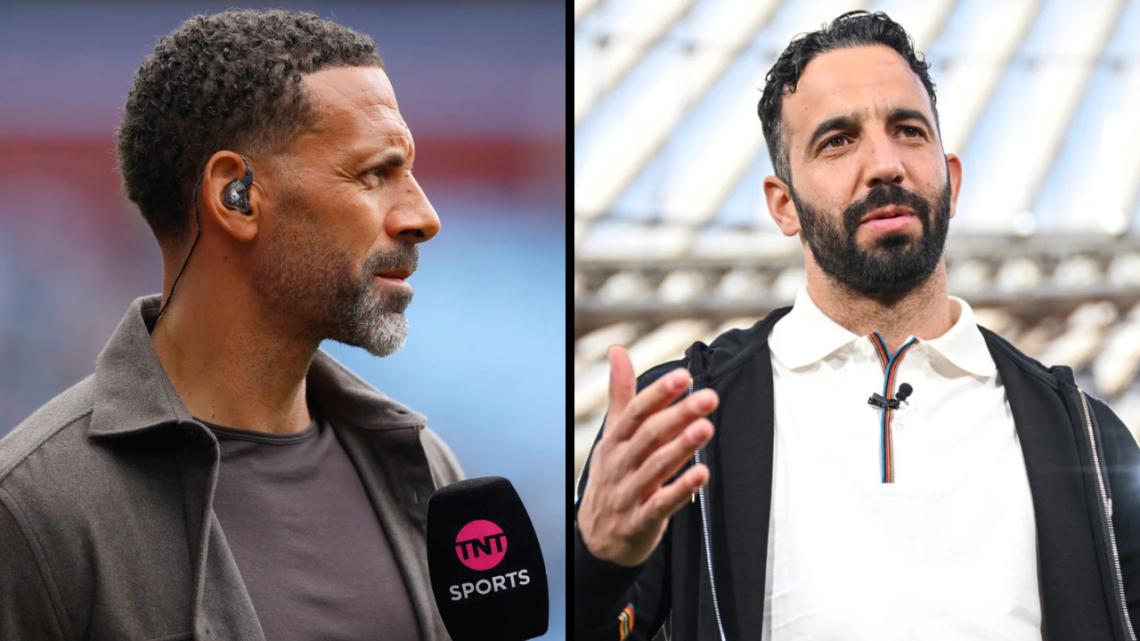TNT Sports pundit Rio Ferdinand looks on during the Premier League match between Aston Villa FC and Fulham FC at Villa Park. Insert: Ruben Amorim, ...