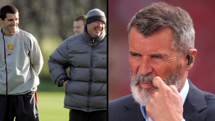 TV pundit Roy Keane during the Emirates FA Cup Semi Final match between Nottingham Forest and Manchester City at Wembley Stadium. Insert: Manager S...